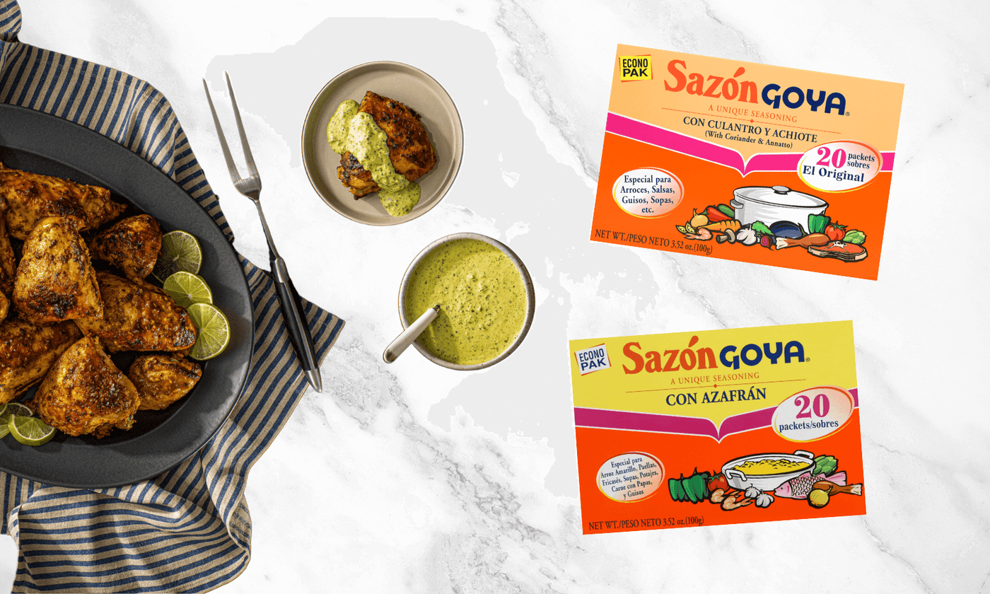 Various Goya Sazon Goya with recommended dished on marble background