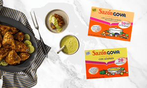 Various Goya Sazon Goya with recommended dished on marble background