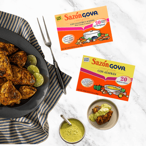 Various Goya Sazon Goya with recommended dished on marble background