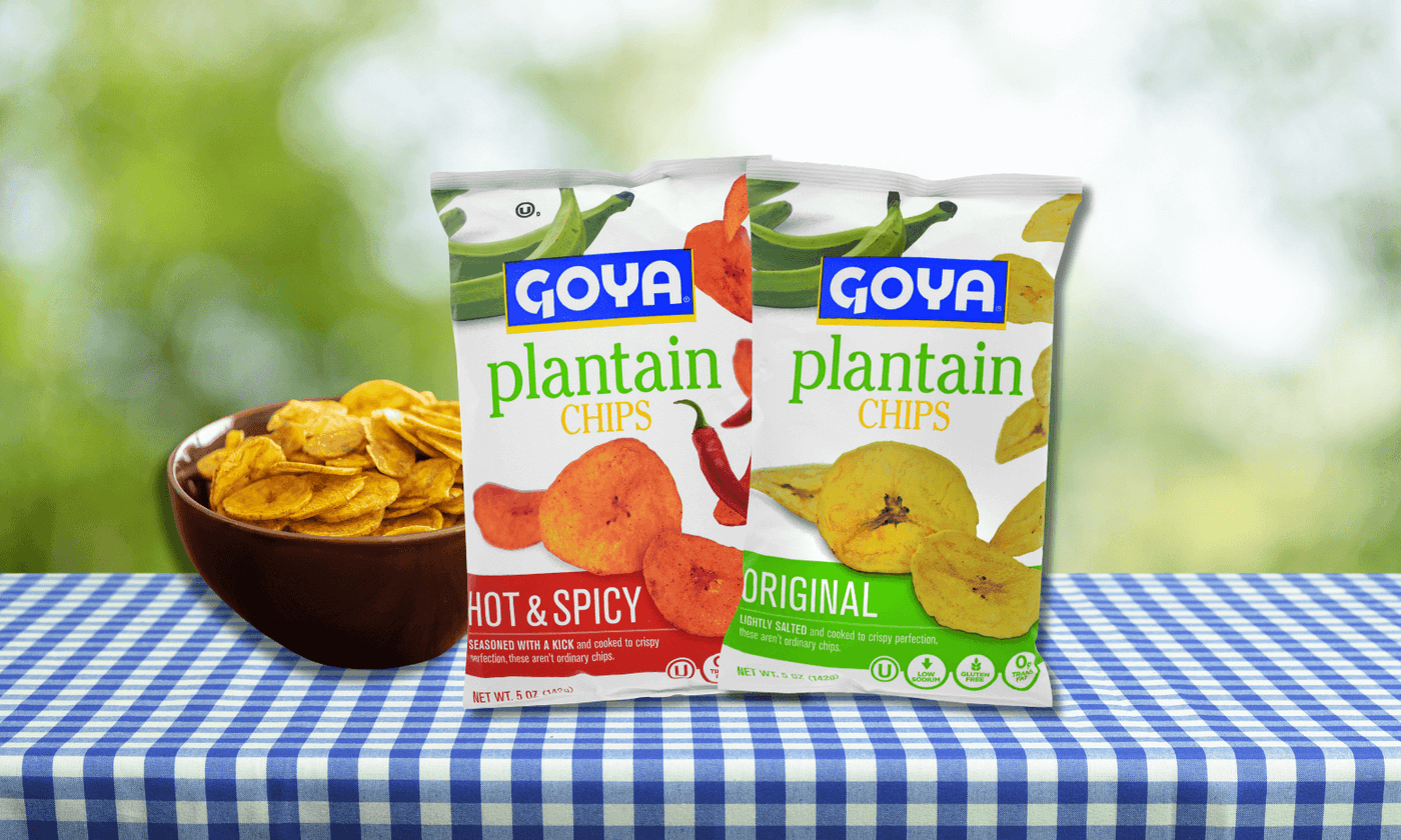 GOYA® Plantain Chips with a bowl of plantain chips next to it on the picnic table