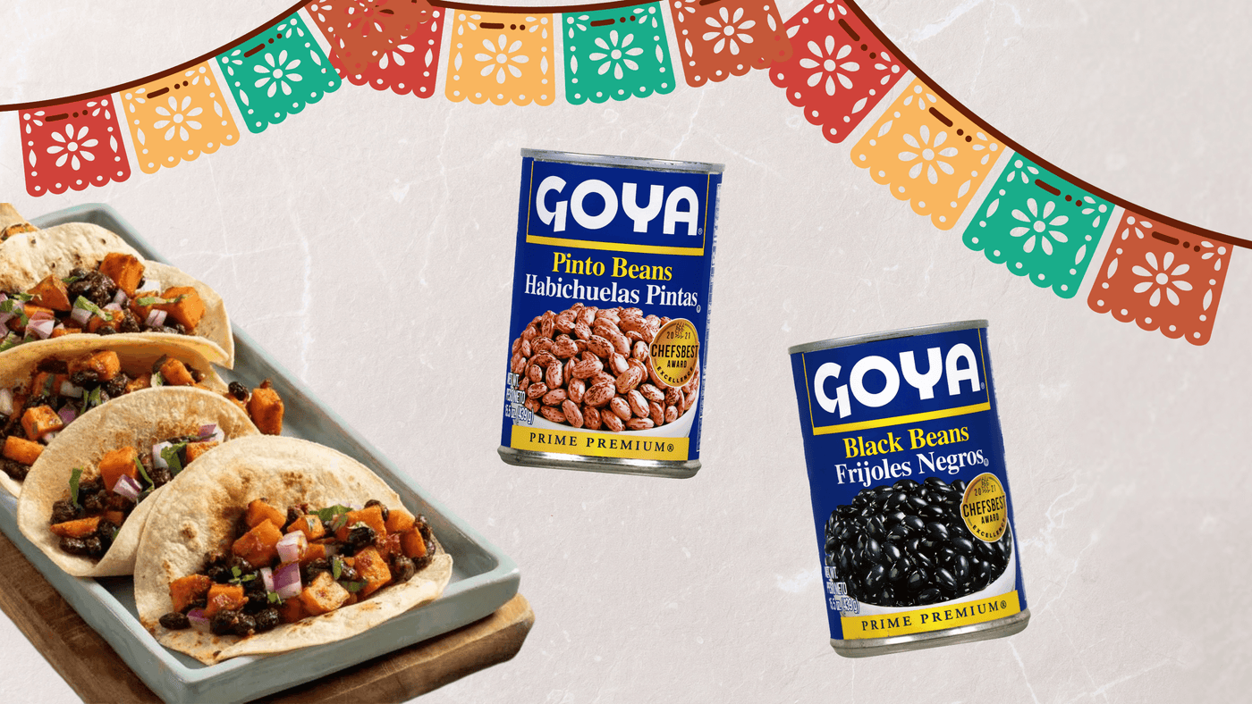 Various Goya beans products with tacos and latin theme background