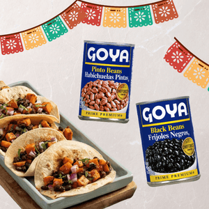 Various Goya beans products with tacos and latin theme background