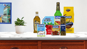 Various Goya products on table top with a pot of plant and wall art next to it