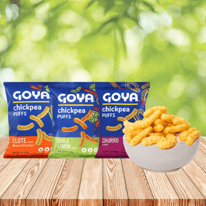 various Goya chick puffs with a bowl of chickpea puffs next to it on a wooden table