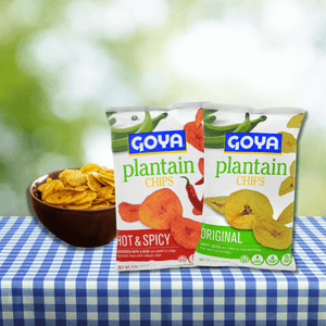 GOYA® Plantain Chips with a bowl of plantain chips next to it on the picnic table
